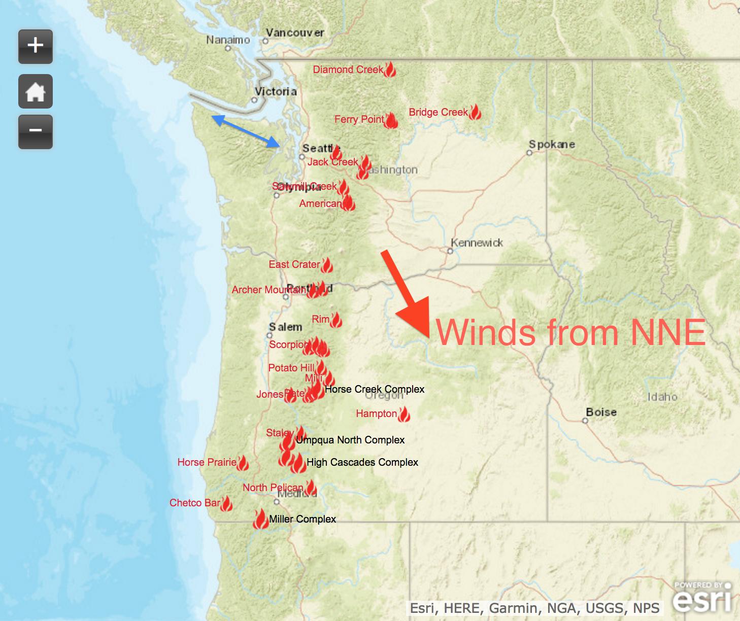 WA : OR Fire and Wind Map